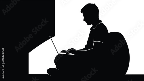 Silhouette of man working on laptop at desk, remote work concept, freelance lifestyle, technology and productivity, minimalist black and white vector illustration