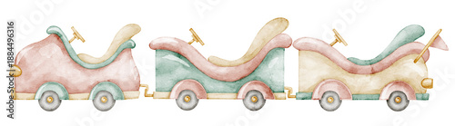 Wallpaper Mural Car train watercolor illustration with wagons in soft pastel vintage style. Art of retro transport for amusement park scenes, carnival graphics, children design. Clipart for kids invitations. Torontodigital.ca