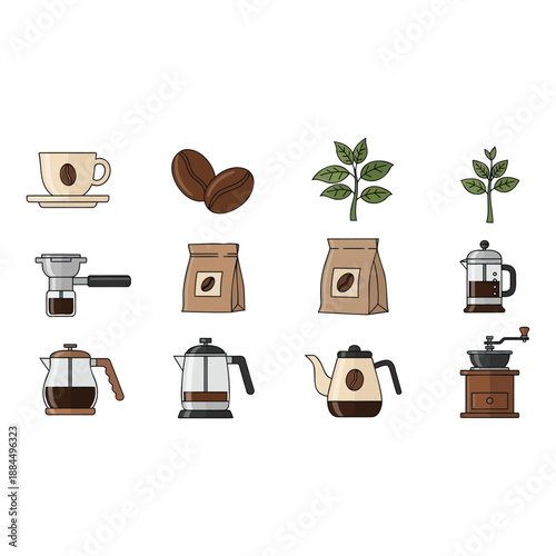 coffee icons with plants and equipment