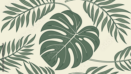 Seamless Tropical Botanical Pattern. Monstera and Palm Leaves Illustration in Muted Green.