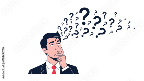 Businessman in suit looking up thoughtfully with many question marks flying around his head represents problem solving and decision making.