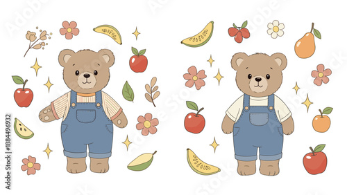 Two cute teddy bears wearing blue overalls surrounded by red apples and pink flowers represent childhood innocence and playful nursery art.