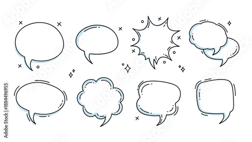 Collection of hand drawn empty speech bubbles with blue shadows on white background provides versatile elements for comic and dialogue design.
