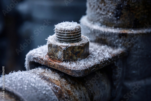 Macro ice crystals on a gas pipeline valve, infrastructure vulnerability during Texas winter storm, energy grid
