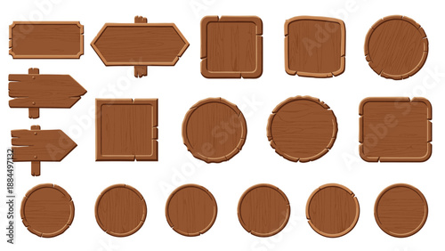 Diverse collection of empty wooden signs in various shapes including circles rectangles and arrows for rustic style information display.