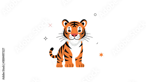Adorable cartoon tiger cub standing and smiling on white background represents wildlife for kids and playful animal character design.