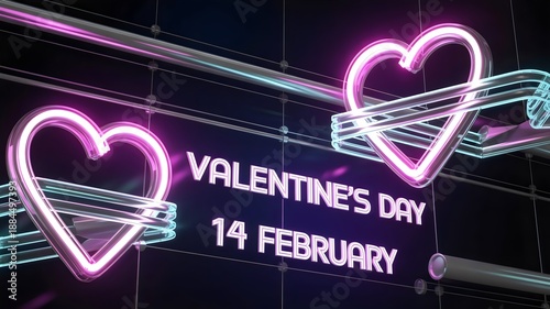 Cyberpunk Neon Horizon Background for Valentine's Day Featuring Glowing Pink Heart Outlines and Futuristic Tech Line Art Elements