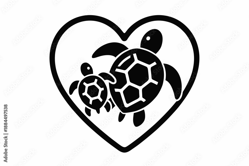 Obraz premium Silhouette of two turtles inside a heart shape in a simple black design
