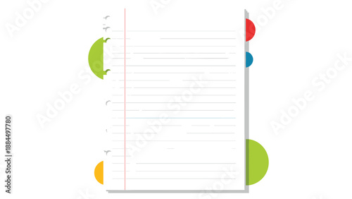 White loose leaf paper sheet with colorful side tabs and abstract geometric shapes represents document organization and business planning.