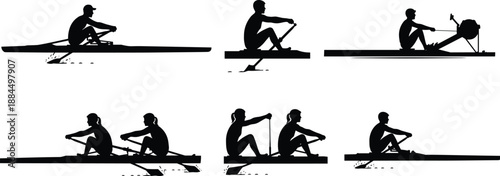 Rowing sport silhouettes set with single and team rowers, canoe kayak water race black vector illustration collection