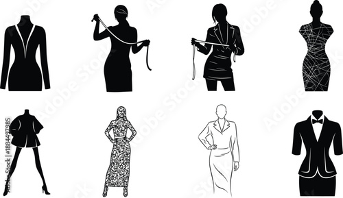 Kitchen worker silhouette illustration, black vector design, apron pose, bowl stack balance, casual attire, culinary concept, food service art