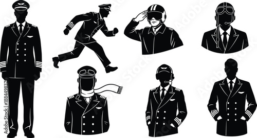 Pilot silhouette illustration, black vector design, aviation uniform, headset pose, military pilot, commercial captain, vintage aviator, flight crew art