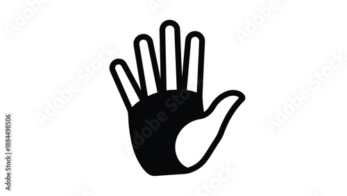 Simple black and white graphic illustration of a human hand palm with fingers spread out in a stop or high five gesture.