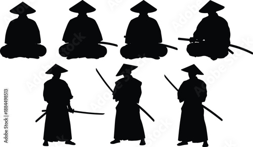 Samurai silhouettes set in meditation and combat poses, traditional Japanese swordsmen culture martial arts black vector illustration