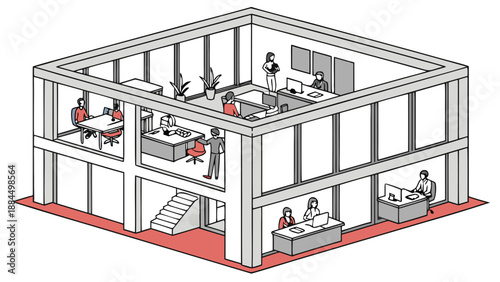 Isometric illustration of a multi-floor office building with employees working and collaborating