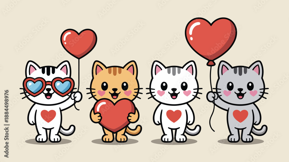 Naklejka premium Four cute cats with hearts and balloons Vector