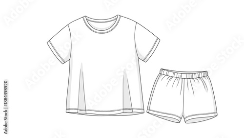 Blank white line art template of a casual short-sleeved t-shirt and a pair of matching elastic waist shorts for apparel design.