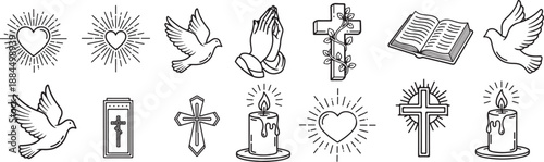Thanksgiving reflection faith icon collection with 6 black and white cartoon vector symbols.eps