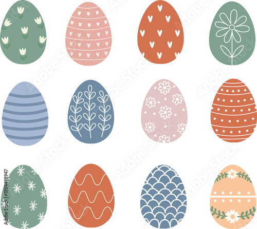 Decorative Easter eggs collection with floral ornaments, wavy lines and scale patterns. Set of hand drawn spring holiday eggs in pastel colors for festive decoration.