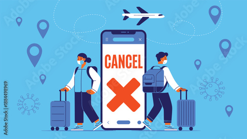 Travelers with luggage view a smartphone displaying a flight cancellation notice.