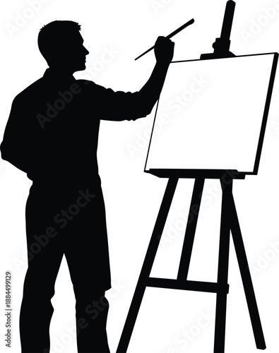 Silhouette artist painting on easel, creative painter at work, minimalist black figure, art studio concept, isolated white background