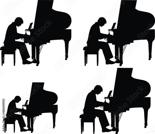 Silhouette pianist playing grand piano, classical music performance concept, elegant black piano player illustration isolated white background, studio minimal art
