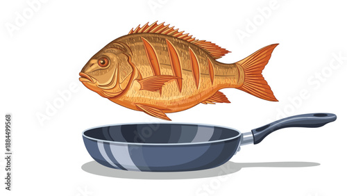 Golden brown grilled whole fish floating above a professional blue frying pan ready for serving or cooking concepts on white background.