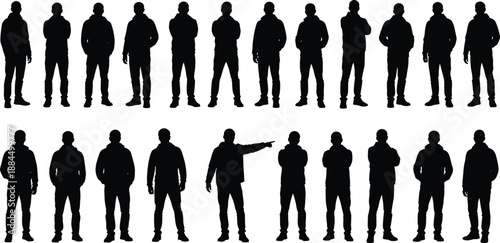 Standing man silhouettes collection, male human casual poses and gestures, full body figures, black outlines isolated on white background