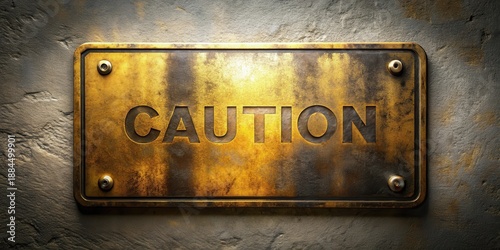 Rustic metallic caution sign with distressed texture and rivets