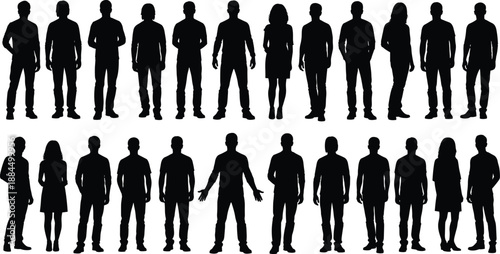 Standing people silhouette collection, men and women front view poses, diverse human figures set isolated on white background, vector illustration