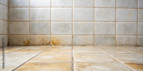 Dirty and stained tile wall and floor needing cleaning