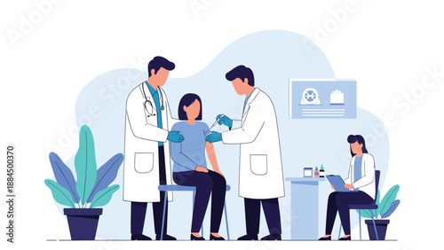 Medical team of doctors in a clinic administering a vaccination to a female patient sitting on a stool for healthcare and prevention.