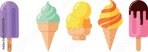 Vector illustration set featuring colorful flat design ice cream cones soft serve sorbet cup and chocolate dipped popsicles