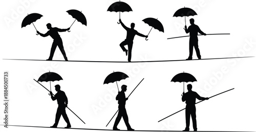 Tightrope walker silhouette holding umbrella and balance pole, circus acrobat poses set, risk balance concept, black vector illustration