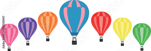 Vector illustration set featuring colorful hot air balloons in rainbow colors for festival celebration and outdoor adventure travel