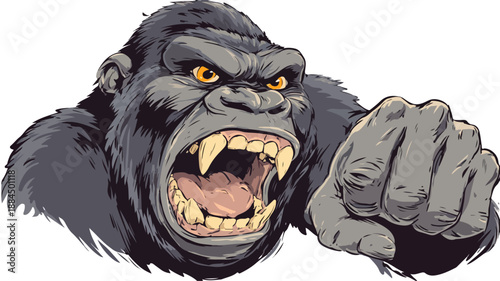 Angry Gorilla Cartoon Vector with Outline Isolated on White Background