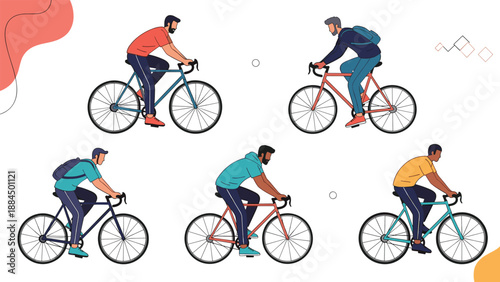 Group of five men in casual clothes riding various bicycles for fitness, commuting, and healthy lifestyle outdoor activities.