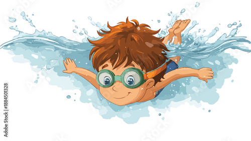 Cheerful Boy Swimming Cartoon on White Background Vector with Outline