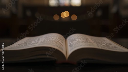 Camera shifting focus, open book on dark wooden table becoming sharper in chapel, showing bokeh
