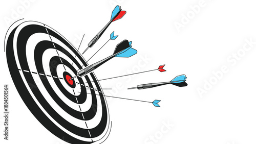 Group of colorful darts hitting and missing a black and white circular bullseye target representing goal achievement.