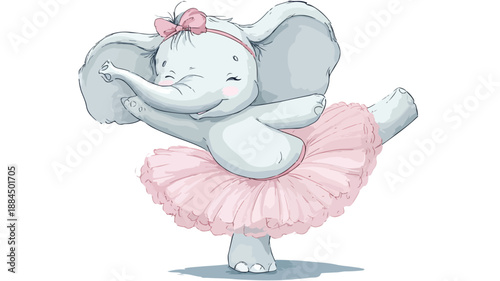 Cute Funny Elephant Ballerina Dancing on White Background Vector Illustration