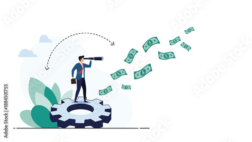 Focused businessman standing on a large gear and using a telescope to look at flying dollar bills representing future vision.