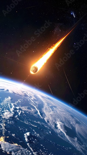 Dramatic visualization of a massive meteor blazing through Earth's atmosphere against a starry space backdrop.