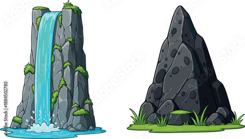 Vector illustration set featuring a mountain waterfall cascading into a pool and a craggy rock spire with moss