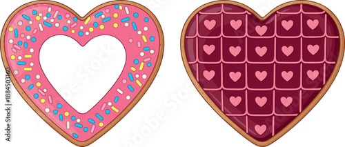 Vector illustration set featuring a pink sprinkled heart donut and chocolate heart cookie with decorative pink icing patterns