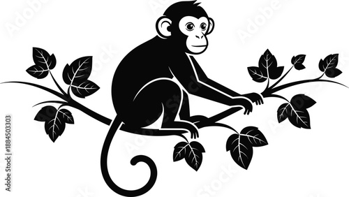 Minimalist Black Monkey Silhouette Vector Illustration Featuring a Cute Chimpanzee Sitting on a Tree Branch with Leaves for Jungle Logo Design and Wildlife Branding