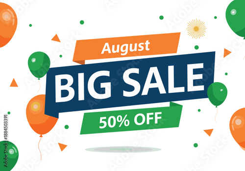 Big sale banner for August with 50 percent off discount and colorful balloons on white background
