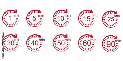 Timer, clock, stopwatch isolated set icons. Countdown timer symbol icon set. Label cooking time. Vector illustration.Set of analog clocks for every hour icon.Stopwatch icon from 1 to 60 minute timer
