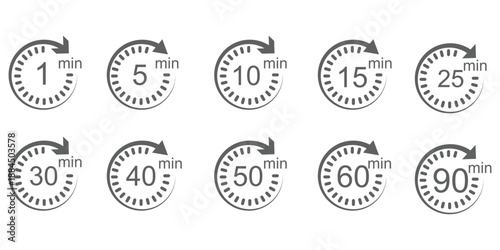 Timer, clock, stopwatch isolated set icons. Countdown timer symbol icon set. Label cooking time. Vector illustration.Set of analog clocks for every hour icon.Stopwatch icon from 1 to 60 minute timer