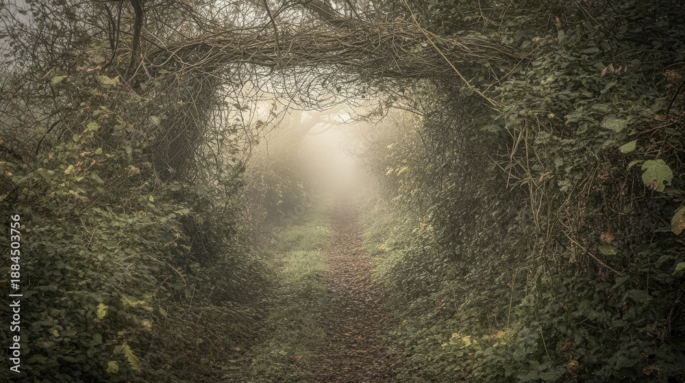 Fototapeta premium A foggy overgrown pathway through a natural tunnel of dense green foliage and branches creating a mysterious and enchanting woodland scene